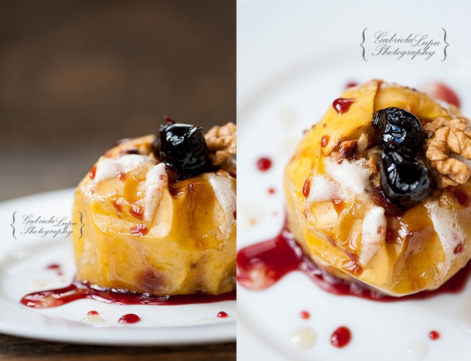 baked apples with walnuts, honey and sour cherry jam